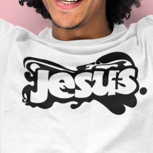 JesusDot black on white tee